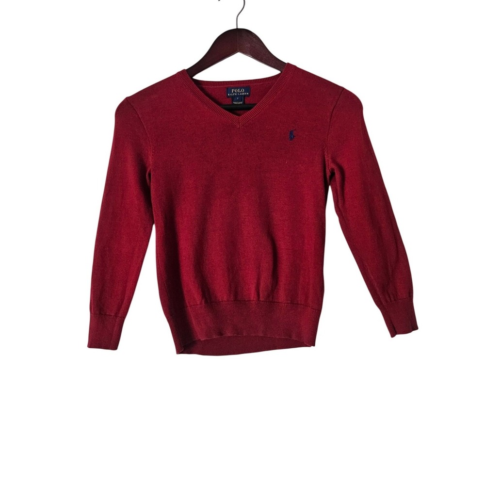 Polo Ralph Lauren Boys Red Cotton V-Neck Sweater Elbow Patches Size 7